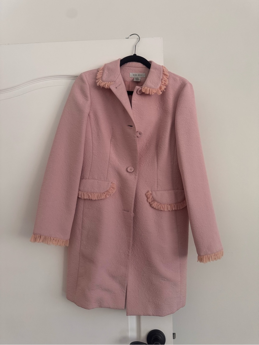Nine West Blush Pink Textured Fringed Trim Pea Coat